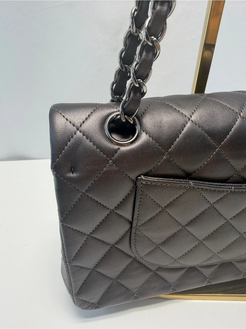 CHANEL Quilted Double Flap Shoulder Bag in Gray